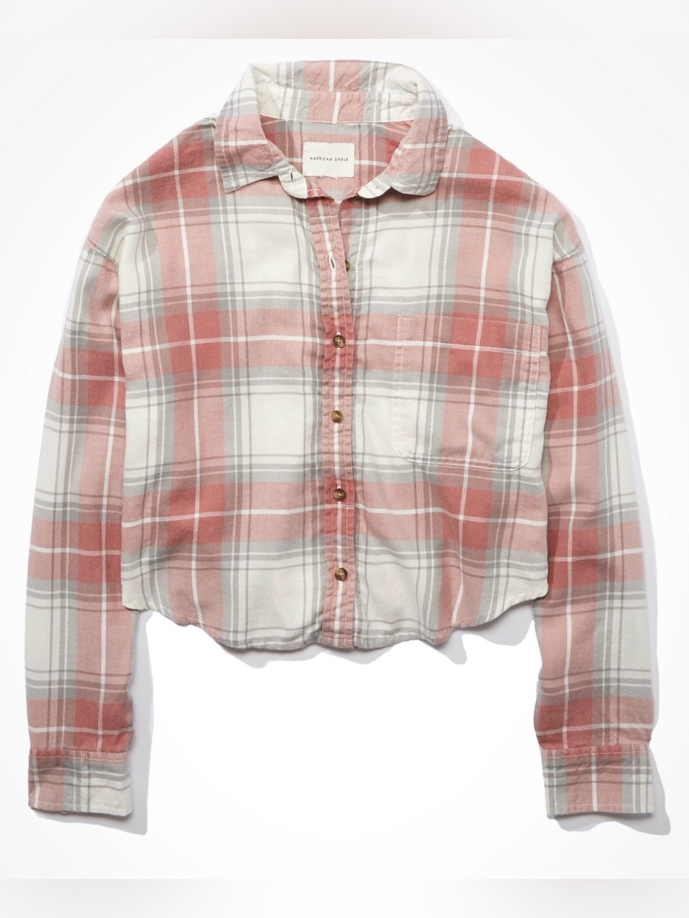 American Eagle Cropped Plaid Button-Front Shirt - Red & White - size large